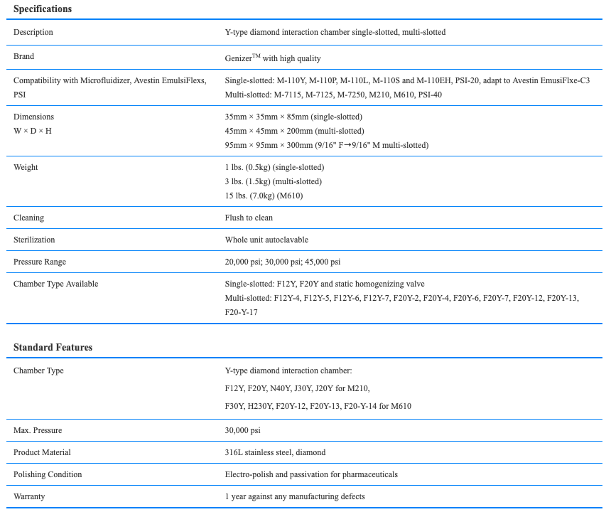 Y-Type Diamond Interaction Chamber specifications